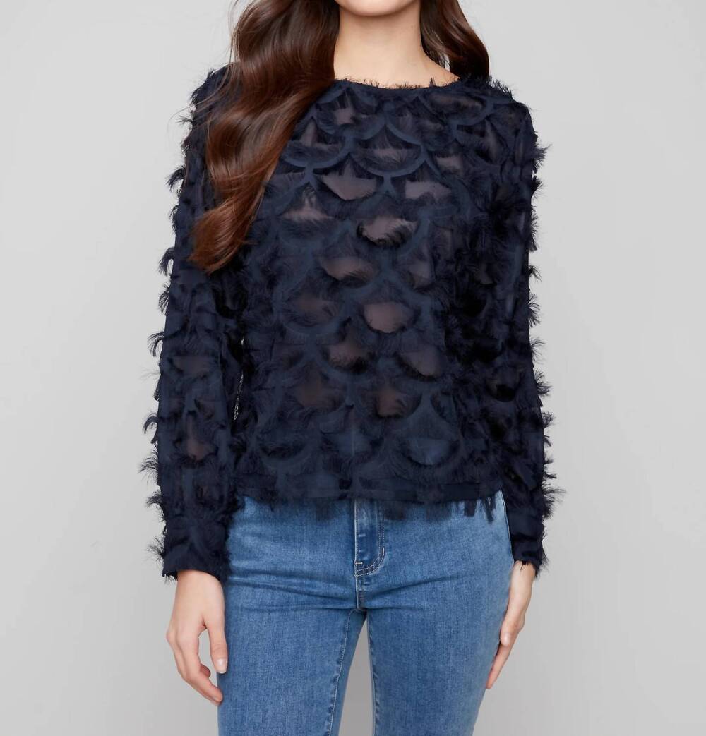 NEW CHARLIE B eyelash chiffon top in navy